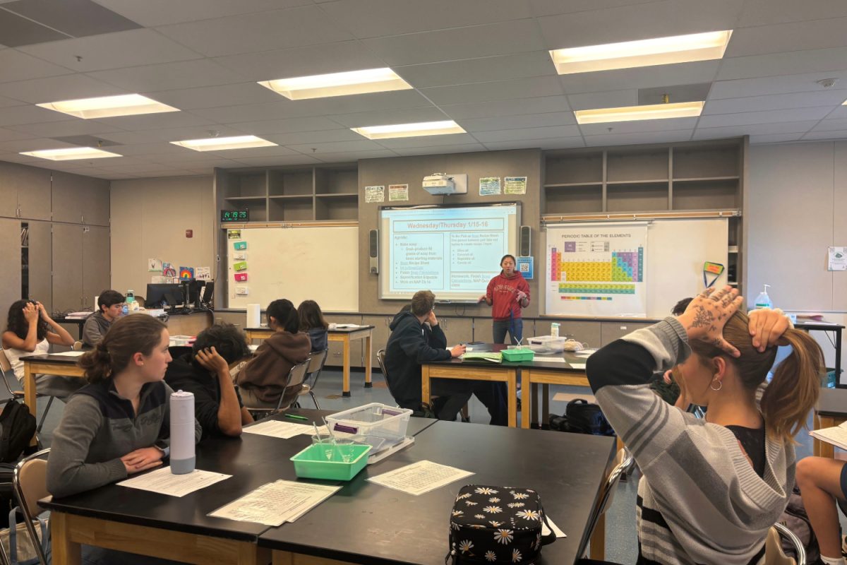 Alyssa Lu starts her Chemistry for Biotechnology class by announcing the agenda for the day. "In class, students work in groups or pairs. Assignments usually consist of labs or check-in worksheets and simulations. Occasionally, there are edpuzzle assignments," Lu said. 
