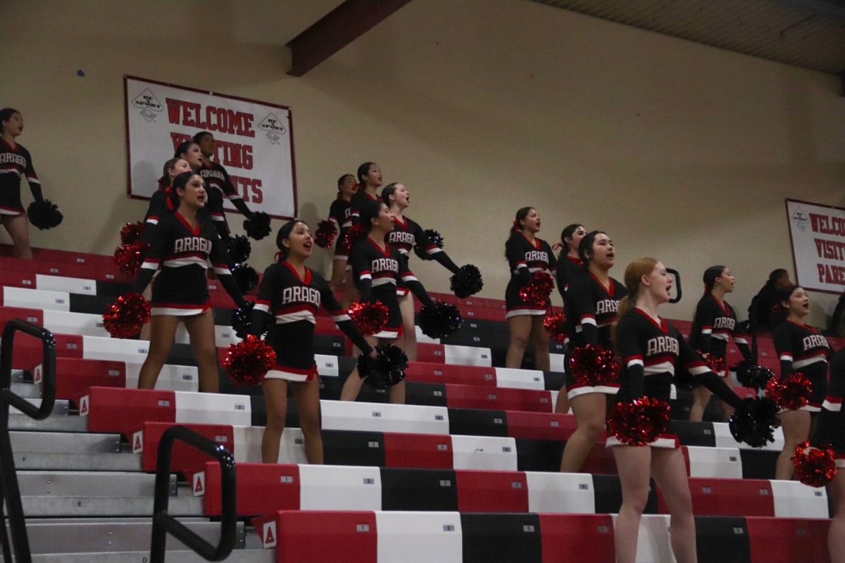 The Aragon cheerleaders chant after the Dons score a point. The cheerleaders helped to keep the crowd engaged throughout the game. "It was nice to have a home game, I love the cheerleaders," said Aragon senior Sofia Dioli.