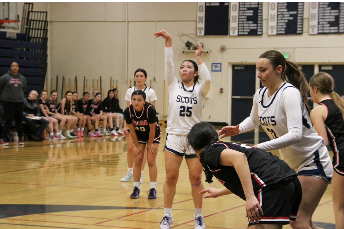 Carlmont senior captain Willow Ishibashi-To successfully finishes a free throw. The surrounding players were poised in attempt to get a rebound. Ishibashi-To is the Scots top scorer with a game average of 16.2 points. 