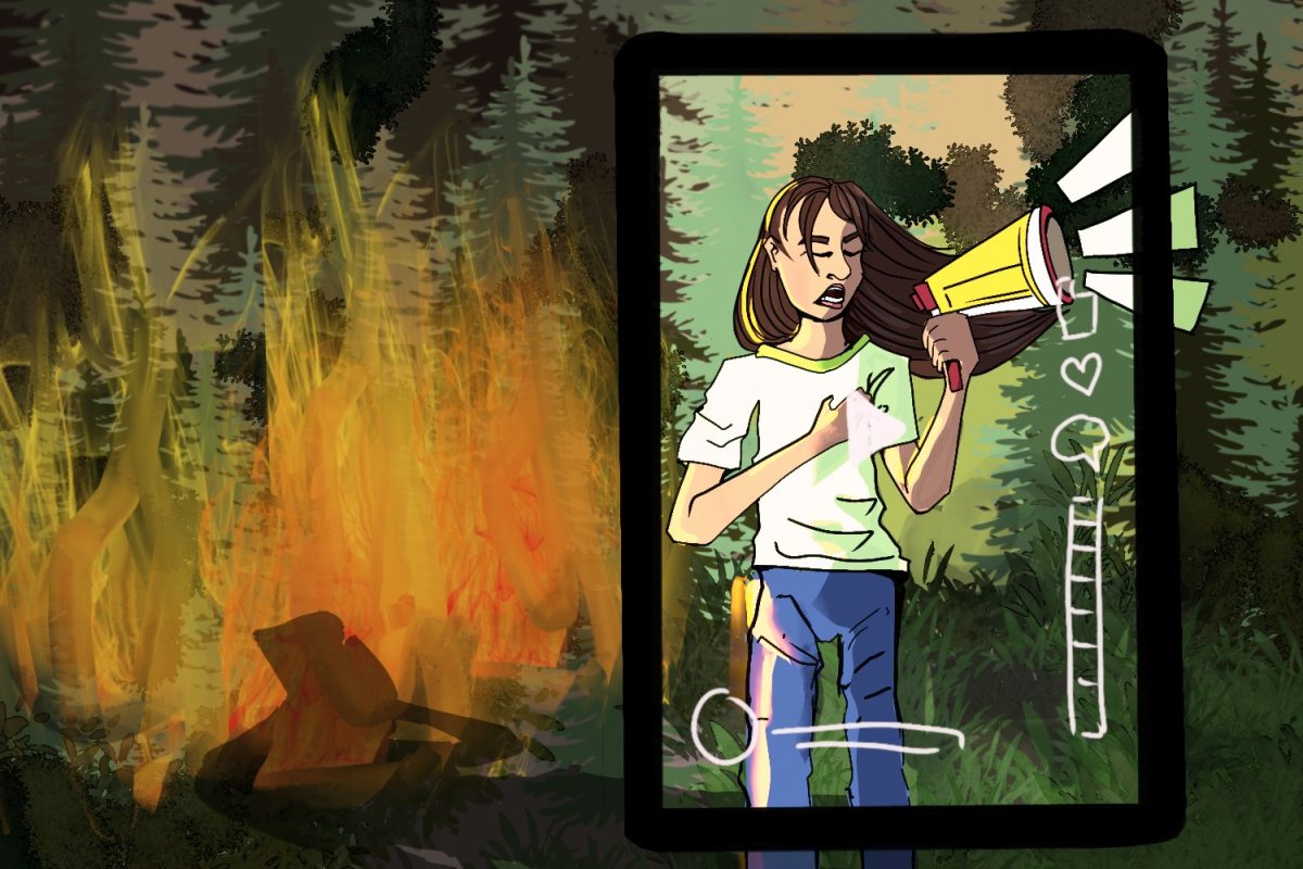 A teenage girl speaks passionately on social media while not doing anything to stop the burning forest she stands in. Many members of Generation Z act similarly, being willing to broadcast support for popular causes but unwilling to engage with meaningful, potentially difficult actions.