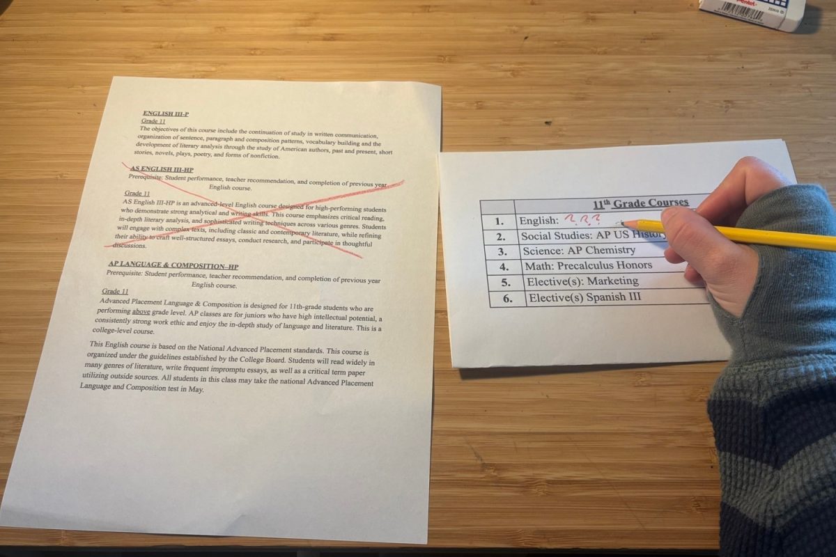 A student looks at potential English course options for their junior year, crossing out AS English III as a possible option due to the removal of the course. “I am disappointed that the class was removed. I was interested in taking the course and could have benefited from taking the class,” said Xavier Piro, a sophomore at Carlmont.