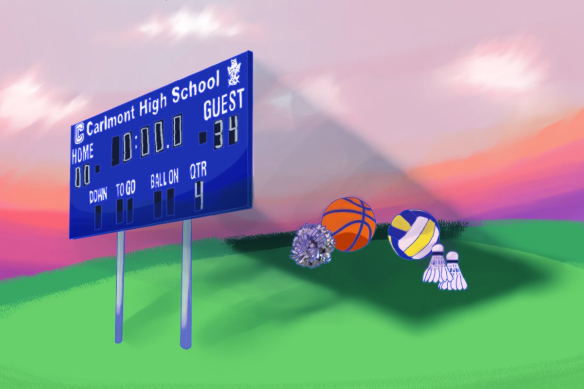 A large Carlmont scoreboard overshadows various sports equipment, including a basketball, volleyball, a badminton shuttlecock and a cheerleading pompom. The scoreboard represents the Carlmont football team's homecoming score, a 34-0 loss against the Burlingame Panthers. 