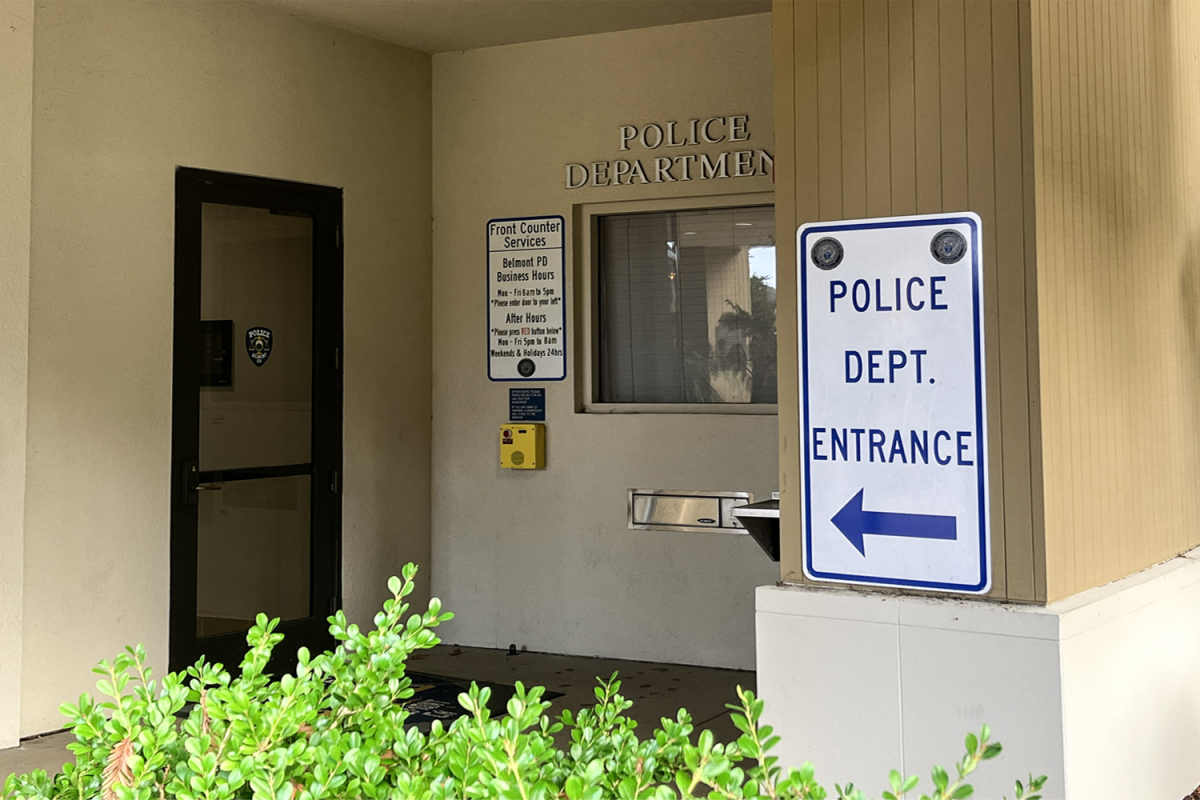 The entrance to the Belmont City Police Department is shown with a white and blue sign. Ex-sheriff, Cristina Corpus, was responsible for this department. "To everyone who has been harmed, please know my heart goes out to you," said Supervisor Noelia Corzo.