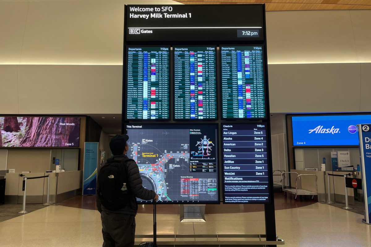 A passenger checks the departure board in San Francisco International Airport’s Harvey Milk Terminal 1 amid Federal Aviation Administration's mandated flight cuts, as cancellations and delays continued on Tuesday, Nov. 12, just before the government shutdown ended. "I feel like people have a fear of their plans being ruined if you get your flights cancelled or delayed," said sophomore Alex Lam.