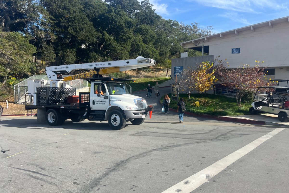 A Timberline Tree Services truck parks near the back of the campus, completing final assessments as the project is in its final stages. The contractor was hired by the district to clear the hazardous eucalyptus trees, preventing potential accidents.
