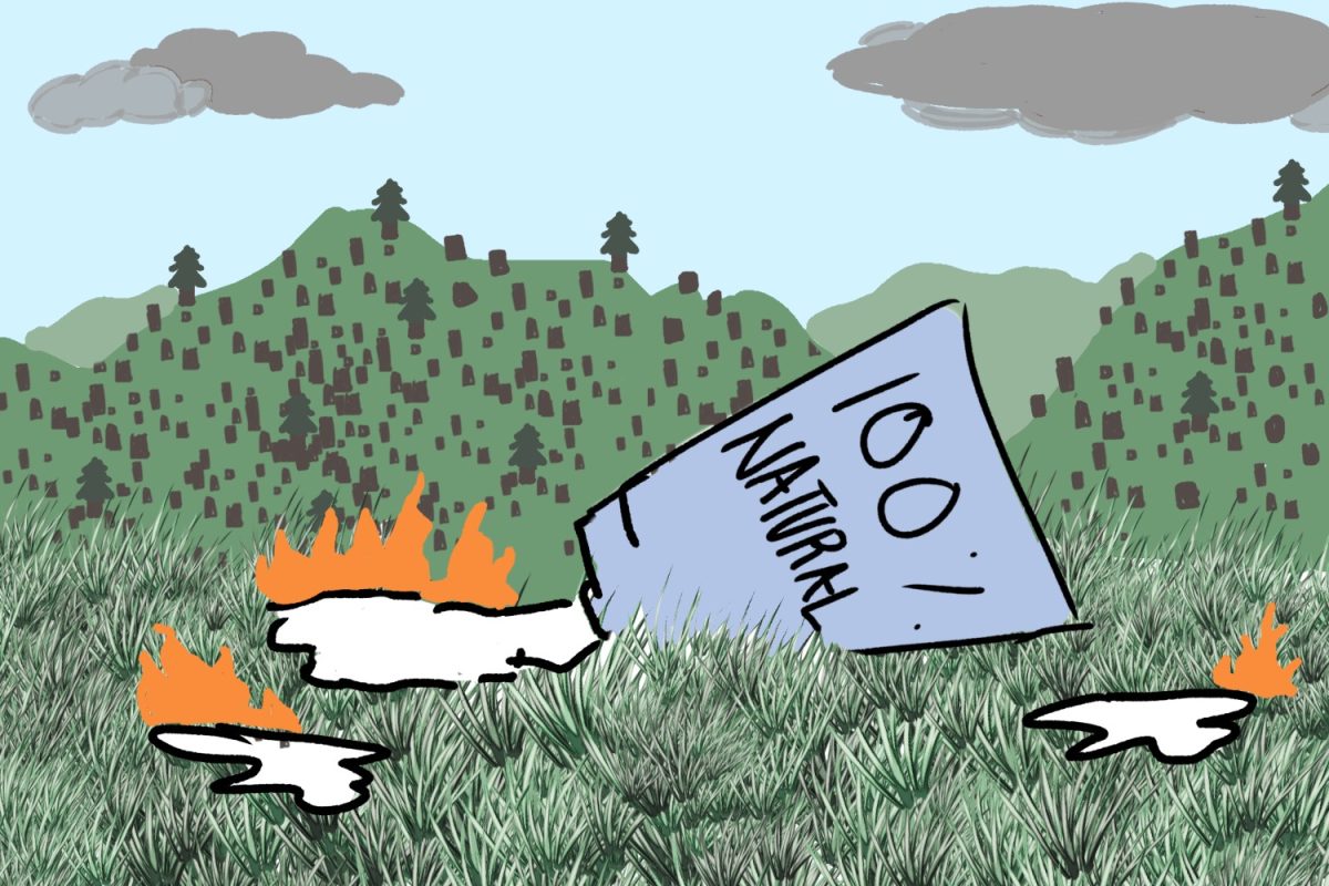 A skincare bottle spills on the grass, causing the toxic chemicals in the bottle to ignite the surrounding grass to demonstrate how products that are claimed to be eco-friendly can have harmful ingredients. Cosmetic waste and synthetic ingredients contribute to the loss of 18 million acres of forests every year, as products require the farming of vast amounts of soy, palm oil, and sugar cane, according to the University of Connecticut.