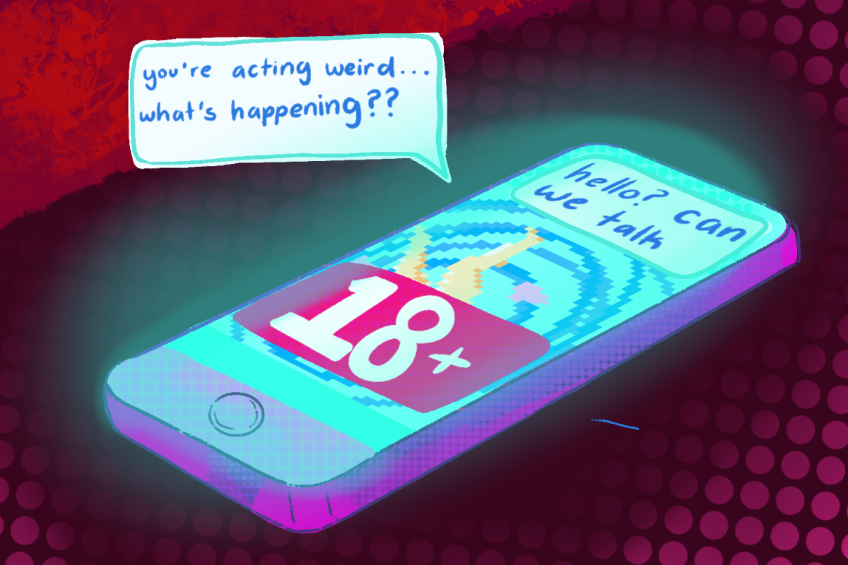 A phone displays sexual content while messages from a worried partner appear on-screen, demonstrating the strain pornography can place on relationships. The depicted distance placed between the supposed user and their partner shows how pornography can interfere with trust, intimacy, and communication. "We have to think about all of the things that porn is not and how it really exposes us to this unrealistic depiction of what relationships should be led," said Mandy Sanchez, the program coordinator at Culture Reframed.
