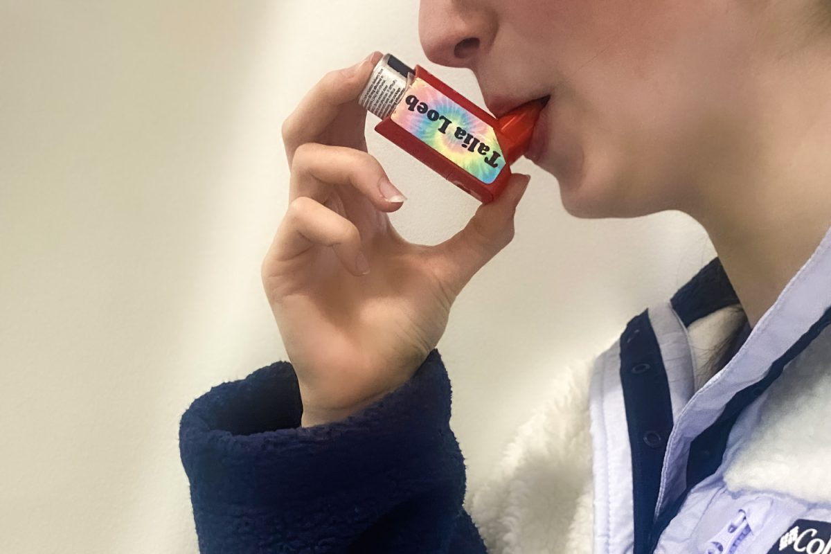 Carlmont student Talia Loeb uses her inhaler, an essential item for her safety at school. The medical device, labeled with her name, is an Albuterol inhaler, which she uses before or during physical exercise. "I walk around with three different inhalers on me at all times," Loeb said.
