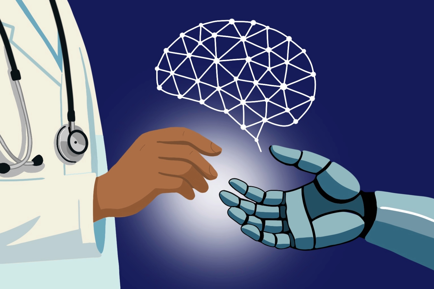 A doctor's hand reaches out to a robot hand. Artificial intelligence (AI) utilizes algorithms to simulate human thinking by learning from vast datasets, identifying patterns, and continually adapting. In healthcare, AI can analyze entire medical records and even predict diagnoses, offering support to healthcare workers, according to an article by the National Library of Medicine about AI in healthcare.