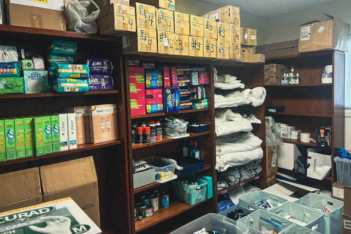 Shelves and baskets in Carlmont's food pantry are filled with hygiene items, clothes, and food. “We like to have something healthy and substantial for the kids: granola bars, protein bars, fruit snacks, something they can just grab and go during passing period,” said Irma Abelt, an assistant to the Carlmont vice principal.