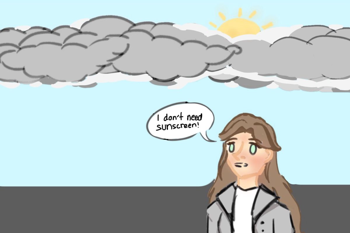 A woman looks up at the clouds and believes she does not need sunscreen since the sun is not visible. But the hidden sun starts to expose her skin to ultraviolet (UV) rays, and she starts to get some redness on her cheeks, demonstrating the importance of applying sunscreen even if the sun does not shine.