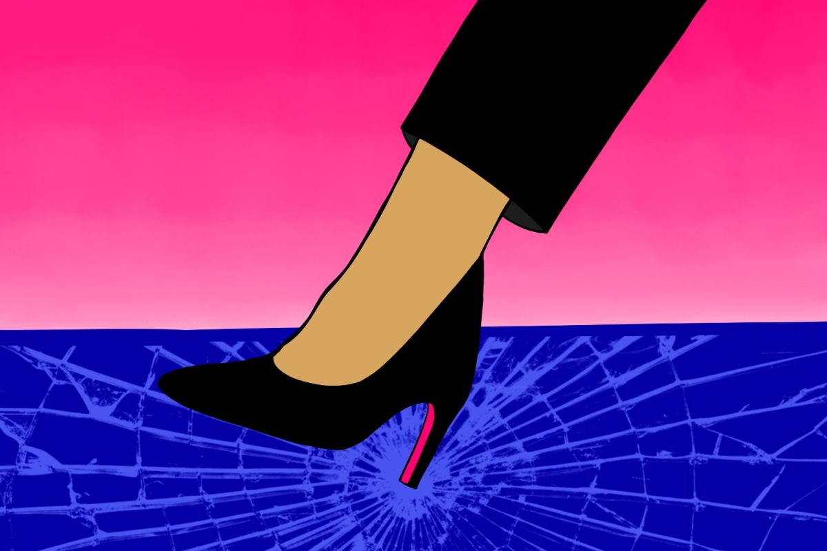 A woman steps onto a glass barrier, shattering it. The gender gap in many industries remains significant. According to the U.S. Census, even though women make up 48% of all employed adults in the U.S.,  only 27% of workers in science, technology, engineering, and math are female.  