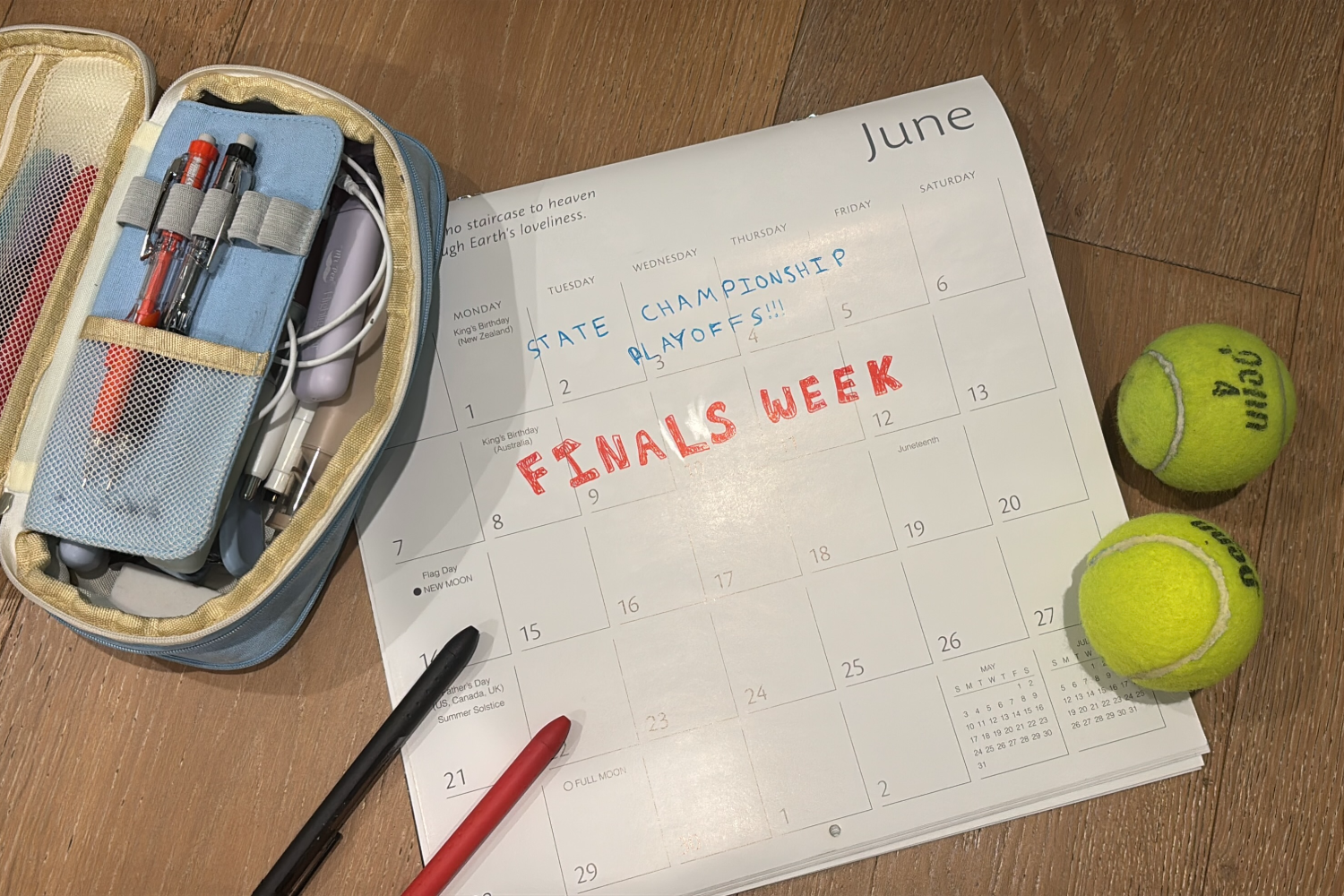 A student-athlete's calendar shows a heavy load of work and sports event. Many student-athletes describe busy schedules like this one can create invisible mental health issues.