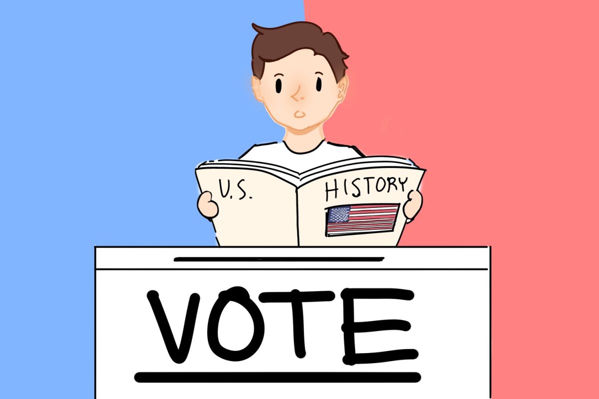 A man reads a United States history textbook before voting, illustrating his effort to be informed about previous events to make better decisions. According to the University of Pennsylvania, only 70% of U.S. adults can name all three branches of government, highlighting the gaps in civic and historical knowledge among many adults.