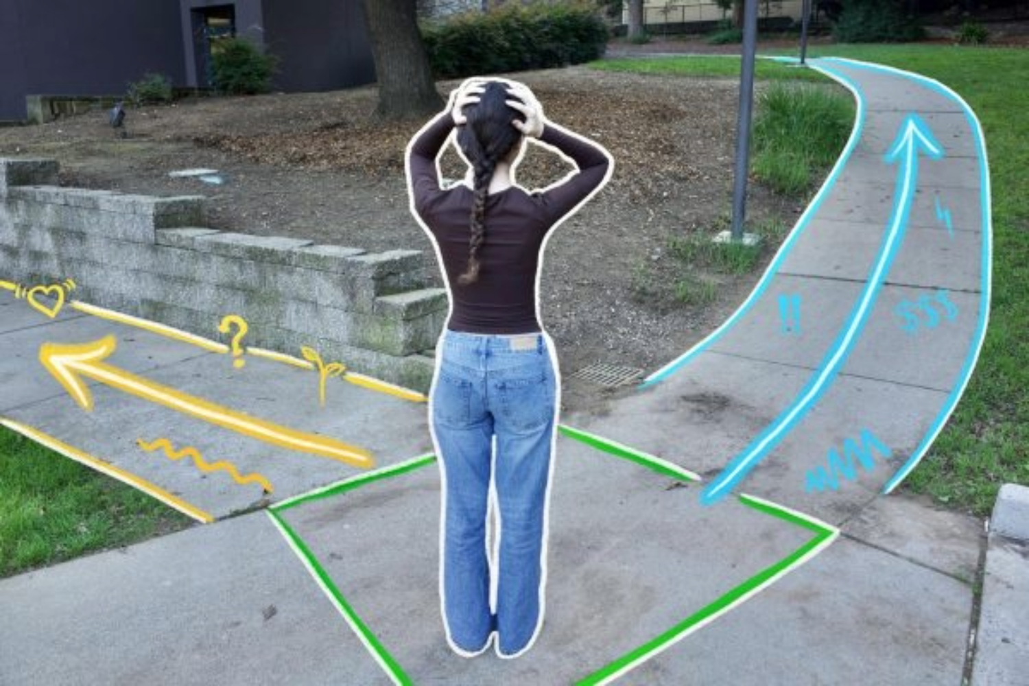 An anxious individual stands at an intersection of two paths, unsure of which one to follow. One path represents passion, belonging, and personal fulfillment. The other represents obligation, societal expectations, and conventional measures of success. According to Keevee, roughly 50% of United States workers in 2025 say they are considering a career change to pursue greater meaning and satisfaction.