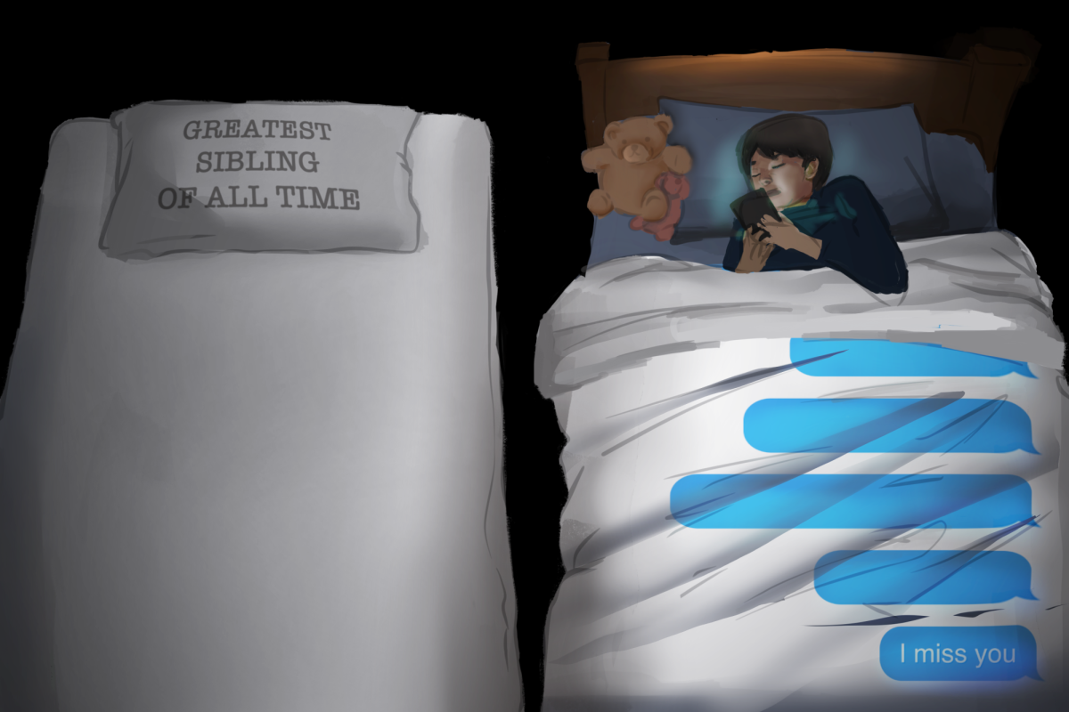 A student lies awake at night sending unanswered messages to a sibling who has left for college. The final text, “I miss you,” reflects the loneliness of sudden separation.