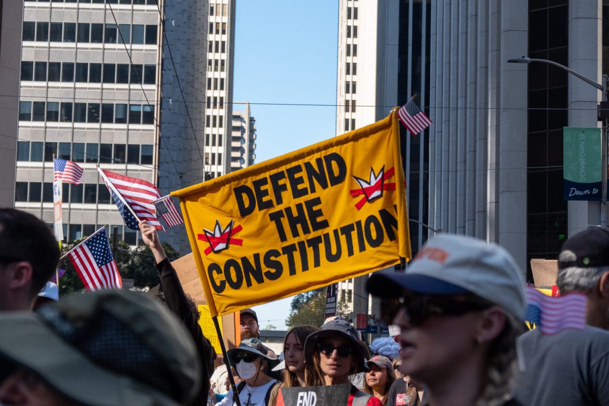 Protesters gather in San Francisco during a “No Kings” protest against the Trump Administration. Participants shared concerns about the role of Immigration and Customs Enforcement (ICE), particularly its enforcement practices and their effects on immigrant communities. Across the Bay Area, communities have organized numerous protests and walkouts in opposition to ICE and the administration.