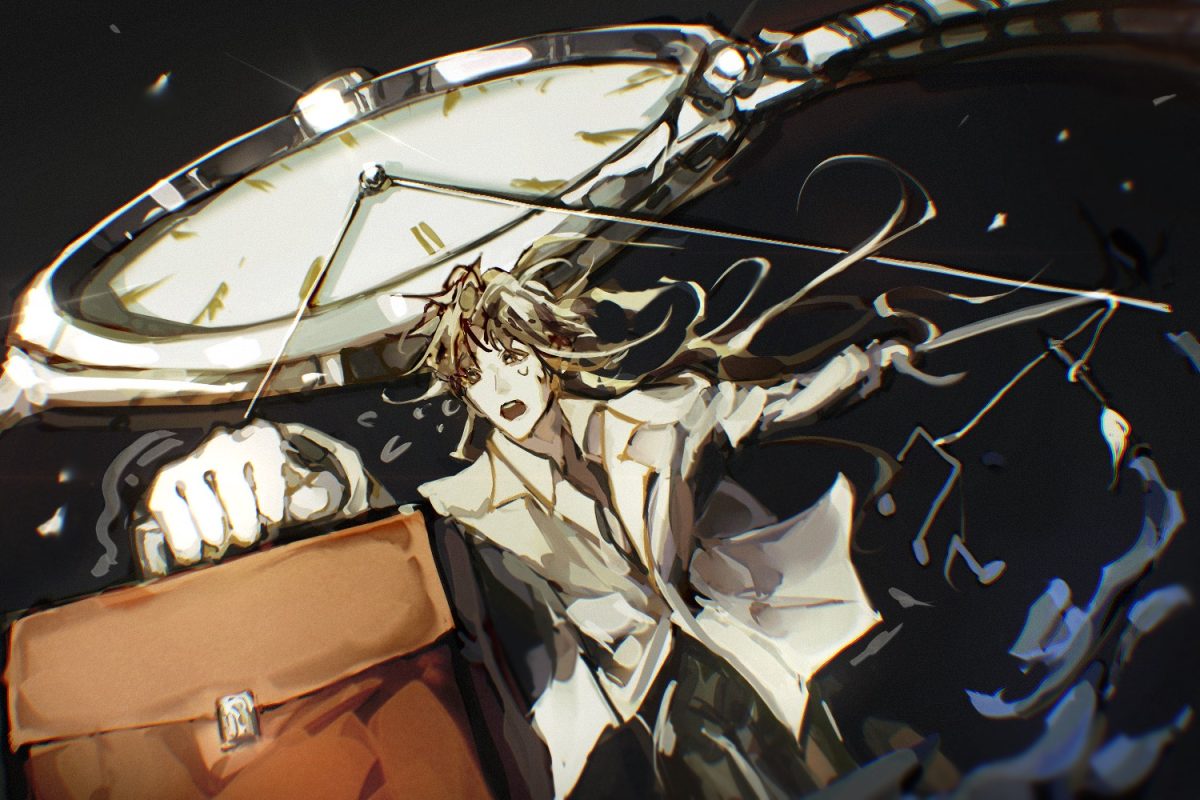 A worker is pulled apart by the hands of the looming clock behind her, as she can never catch a moment when both the minute and hour hands are moving at the same pace, illustrating less time to balance work and relaxation. According to the University of Utah, burnout can cause someone to lose a sense of balance in life and lose passion for work.