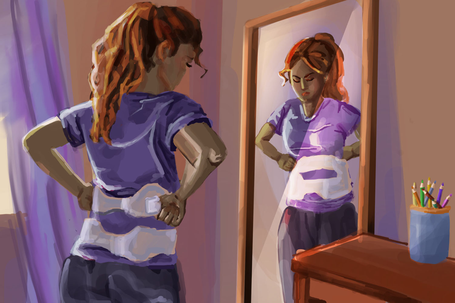 A teen adjusts a scoliosis brace while looking at her reflection, preparing for the day ahead. For many brace-wearing teens, getting dressed requires extra planning because the rigid structure of the brace can limit clothing options.
