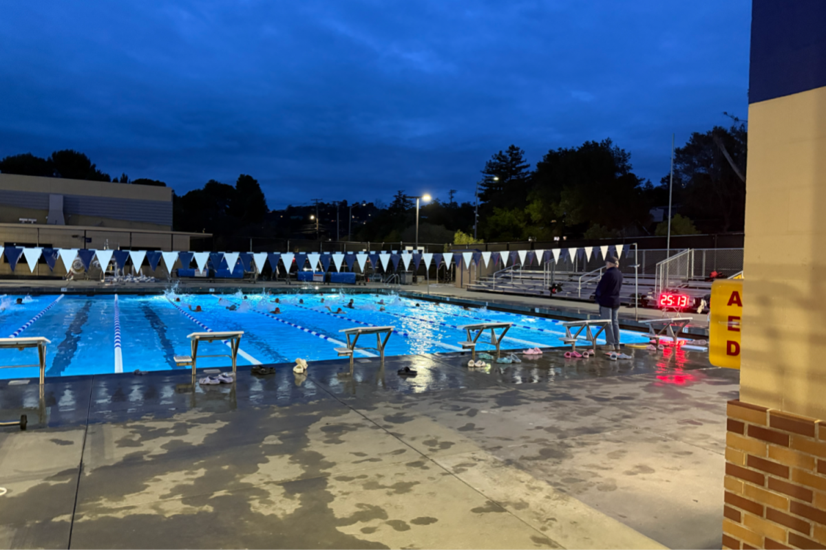 Otters Swim Club swimmers dog paddle in the Carlmont pool after swim team practice finishes. The 60 foot lights for the pool are currently being installed, as existing lights inside of the pool are designed to help with swimming, but not for water polo games. This causes many safety and performance issues, especially with earlier sunsets in fall. "The time we had to use the pool had to be before the sun set, which reduced the amount of time available for girls and boys to use it, whilst also sharing it with the Otter Swim Club. This also affected the amount of class time missed as a result of earlier games," said Carlmont junior water polo player Asteris Ling. 