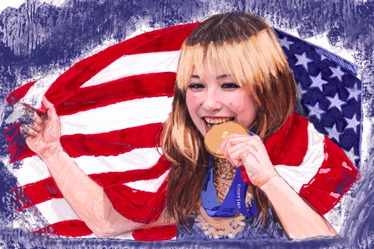 Olympic figure skater Alysa Liu shows off her gold medal along with an American flag. "Some Olympians might feel pressure to change to represent their country on the world stage, but she's just like, 'This is me,'" said Carlmont senior Carter Hendrix.