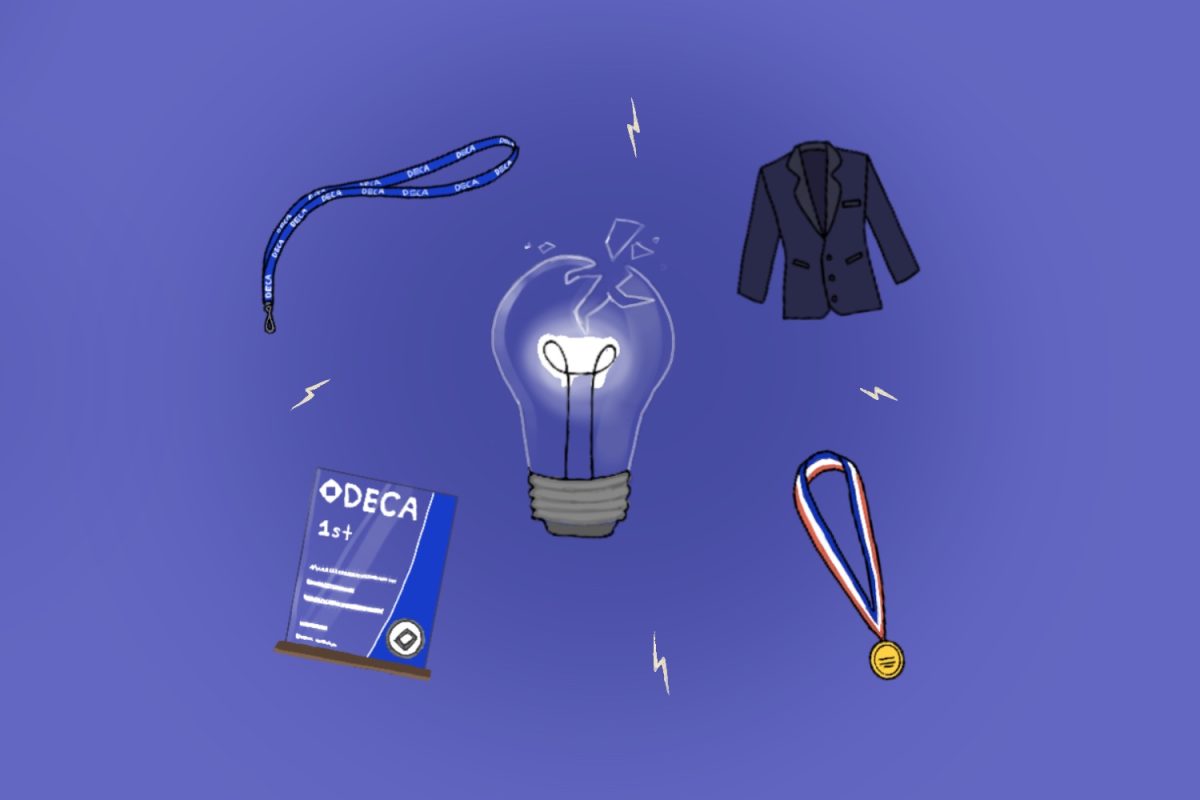 The fractured lightbulb, surrounded by symbols of the Distributive Education Clubs of America (DECA) achievements, represents the difficult period facing Carlmont's DECA chapter. Despite recent setbacks, Devin Suto, a junior and the chapter’s vice president of competition, emphasizes the fundamental principles that define the organization. "We think that members should uphold professionalism, integrity, and a growth mindset," Suto said. "They represent the chapter at competitions and events, so showing respect, working hard, and supporting others are especially important values."