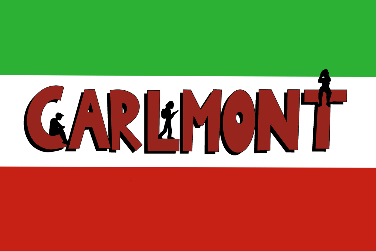 Students sit on letters spelling out "Carlmont" in front of the Iranian flag, representing the student body's growing interest in the conflict. The U.S.' recent engagement in a war against Iran has sparked lively discussion among students at Carlmont. "The United States gave Iran multiple chances to reach a deal,  but the regime just wasn't serious and has proven itself untrustworthy," said Camilla Smith, a sophomore. 