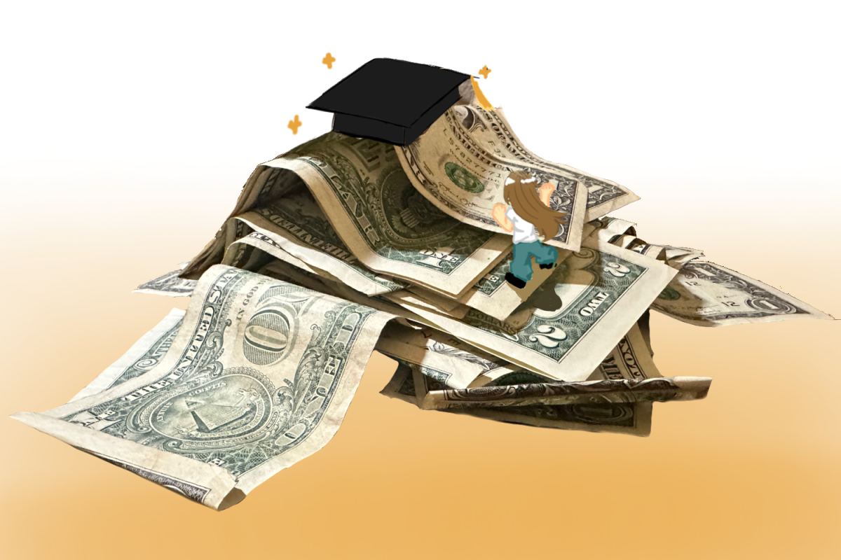 A student scrambles to get to the graduation cap on the top of a mountain made of money, illustrating how the cost of getting a degree comes at a large price. According to the Education Data Initiative, the total federal student loan debt has reached approximately $1.83 trillion in 2026, demonstrating how higher education can come with financial burdens that impact many students across the country.