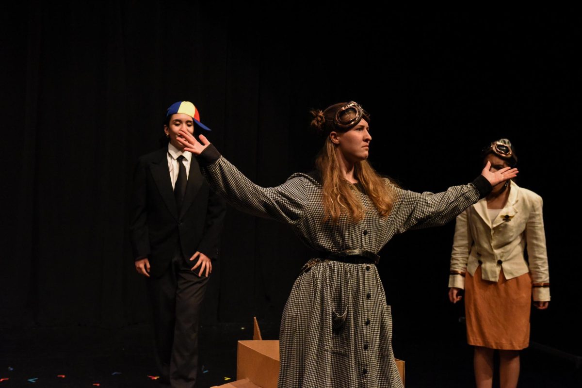 Advanced drama students Lily Herrera, Antonina Mikriukova and Mia Judkins rehearse scenes in "FLOP!!," one of the student-written shows. "I'm especially proud of this year's festival, as three of the shows are student-written. I don't know if that's a Carlmont record, but it's certainly the most student-written plays we've had since I took over the program," said Elizabeth Berg, the Carlmont drama teacher.