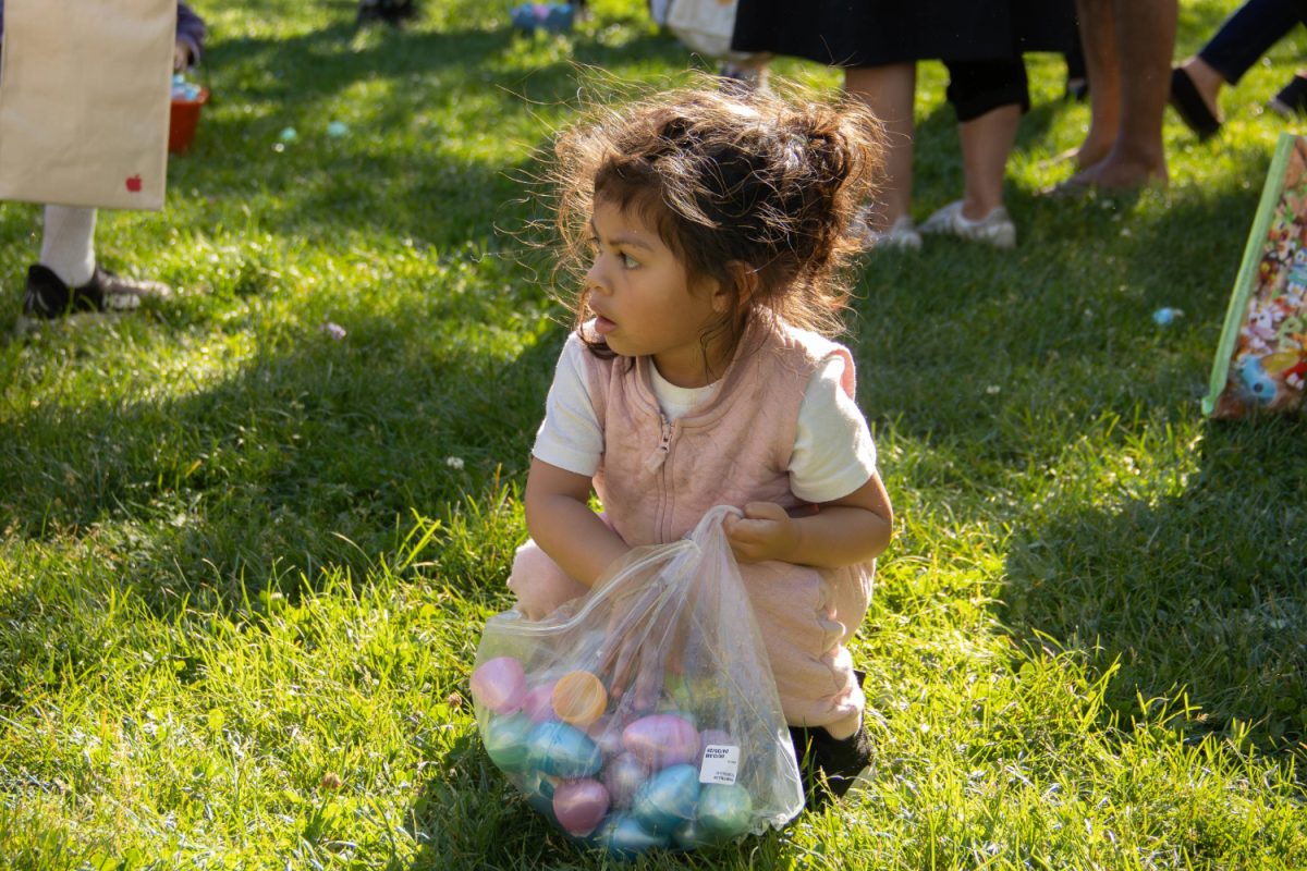 A girl bends down to pick up a brightly colored Easter egg. She carefully placed it into her bag, determined to collect as many as she could. The excitement of the hunt filled the air as she moved on to the next one.