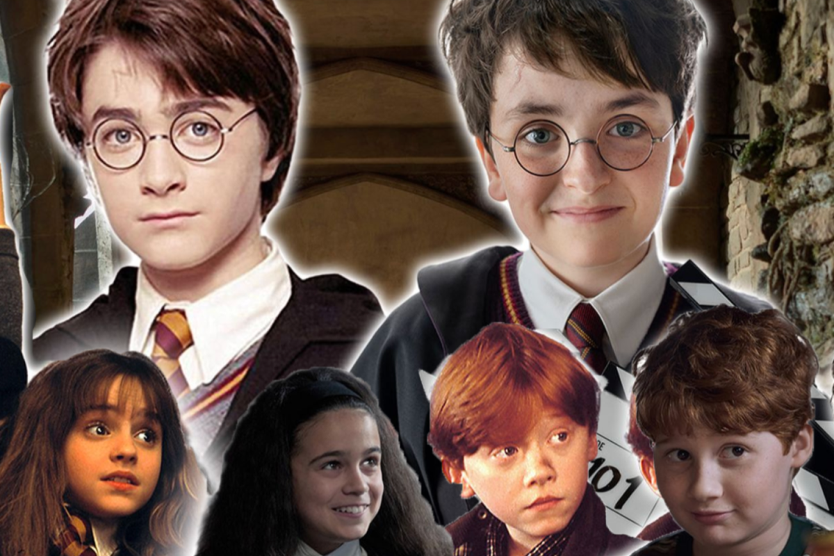 The collage shows a side-by-side comparison of the original "Harry Potter" film cast and the new cast from the upcoming "Harry Potter" TV series. The casting process for the new series was a massive search of over 40,000 applicants, and began in 2024.
