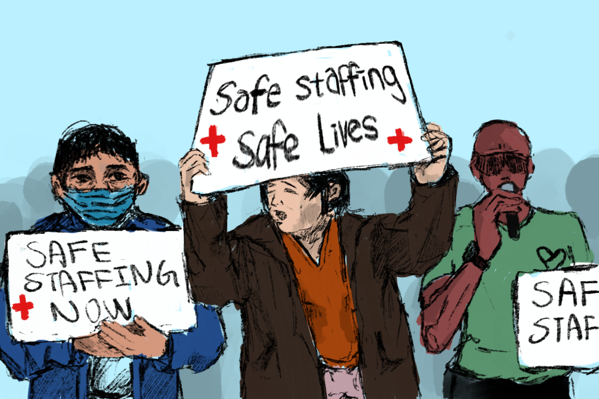 Healthcare workers hold signs reading “Safe staffing saves lives” during a strike calling for improved staffing conditions and patient safety. Their protest shows the risks patients face when units are short-handed.