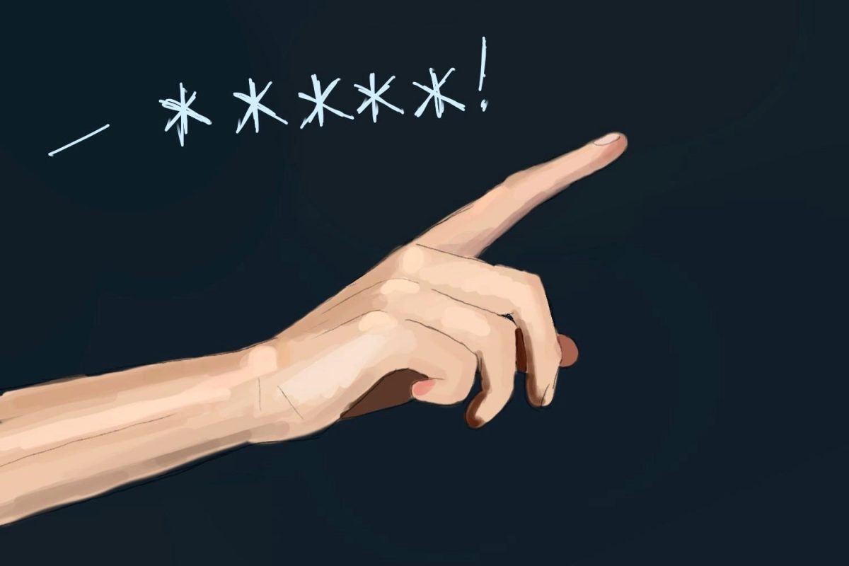 A person's finger points while they shout out a slur. The resurgence of slurs, particularly ones aimed at individuals with intellectual disabilities is incredibly problematic. 
